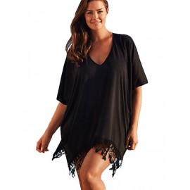 Women's Beach Sexy / Boho Summer Blouse,Jacquard V Neck Short Sleeve Red / Black Rayon / Polyester Thin