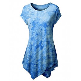 Women's Color Block Layered Slim Gradient Ramp Casual Irregular T-shirt,Round Neck Short Sleeve