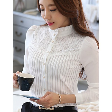 Women's Stand Collar Lace Patchwork Stripe Puff Sleeve Wild Slim Shirt